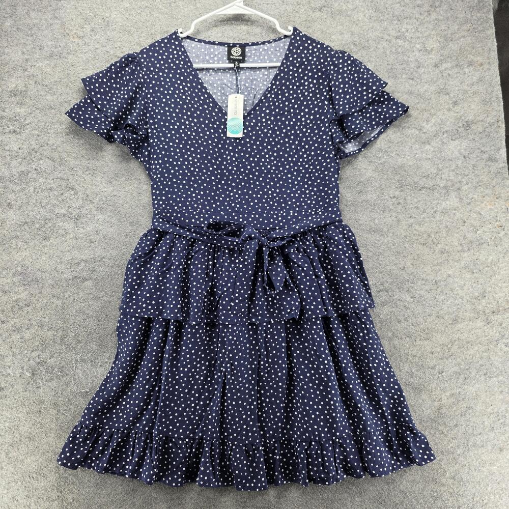 Bobeau Dress Womens M Blue Fit & Flare Sundress V-Neck Polka Dot Rayon Belted